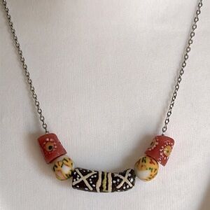 New Handcrafted Artisan Boho Painted Bead 18” Silver Tone Chain Necklace